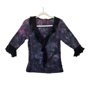 Barbara Lesser Fibers Purple Tie Dye Ruffle V-Neck Top 3/4 Sleeve Small USA Made